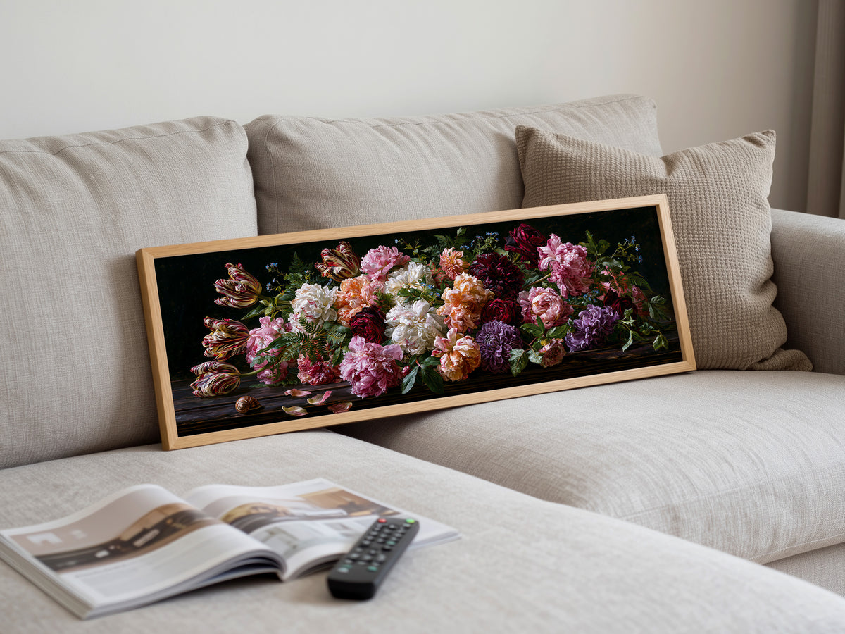 Dark Floral Panoramic Canvas Print, Peony & Tulip Botanical Wall Art, Extra Large Horizontal Decor
