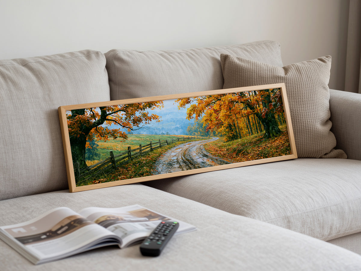 Autumn Country Road Fence Panoramic Canvas Print, Fall Orange Foliage Landscape Wall Art, Large Horizontal Over Bed Art