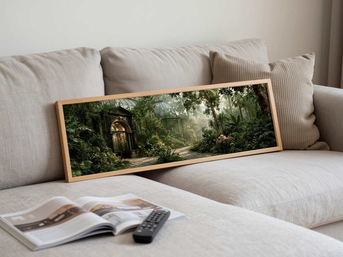 Victorian Greenhouse Botanical Garden Panoramic Canvas Print, Misty Green Glass House Wall Art, Biophilic Living Room Decor