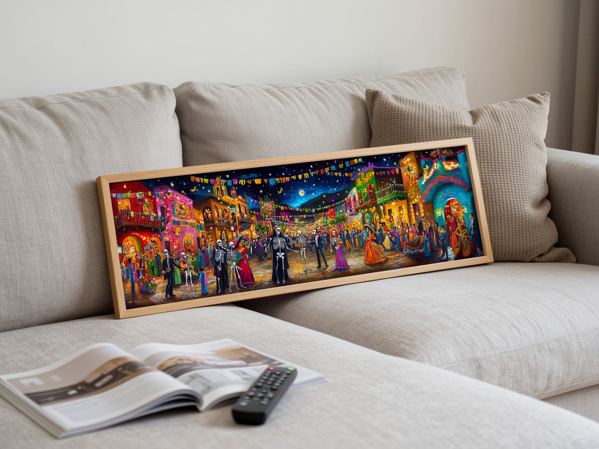 Day of the Dead Night Festival Panoramic Canvas Print, Dia de los Muertos Village Street Party Wall Art