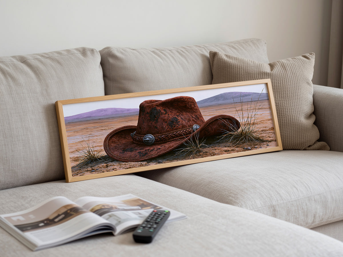 Vintage Cowboy Hat and Desert Landscape Panoramic Canvas Print, Southwest Western Wall Art, Country Living Room Decor
