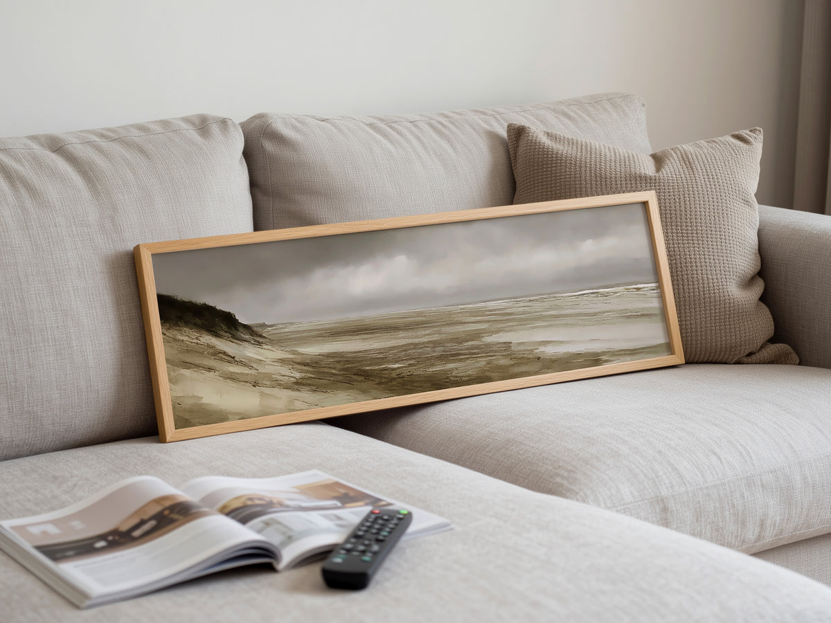 Moody Coastal Beach Panoramic Canvas Print, Gray Stormy Seascape Wall Art