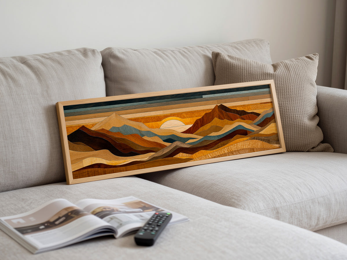 Wood Inlay Mountain Landscape Panoramic Canvas Print, Earthy Brown Blue Geometric Wall Art, Rustic Cabin Decor