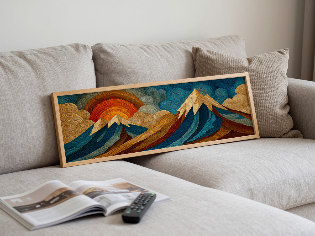 Boho Layered Mountain and Sunrise Panoramic Canvas Print, Wood Engraving Style Teal Orange Wall Art, Modern Above Sofa Art Decor