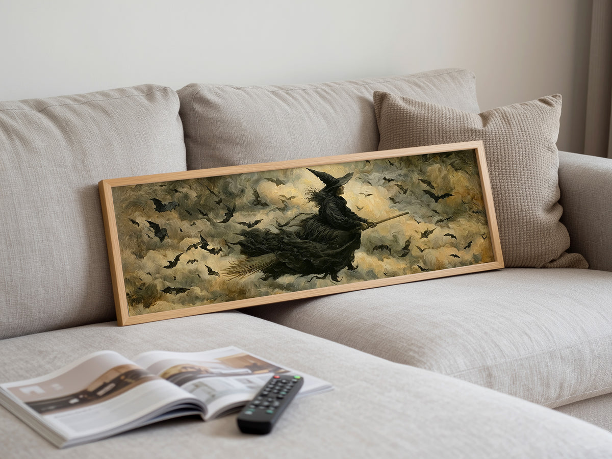 Flying Witch Broomstick Panoramic Canvas Print, Dark Bats Night Sky Wall Art