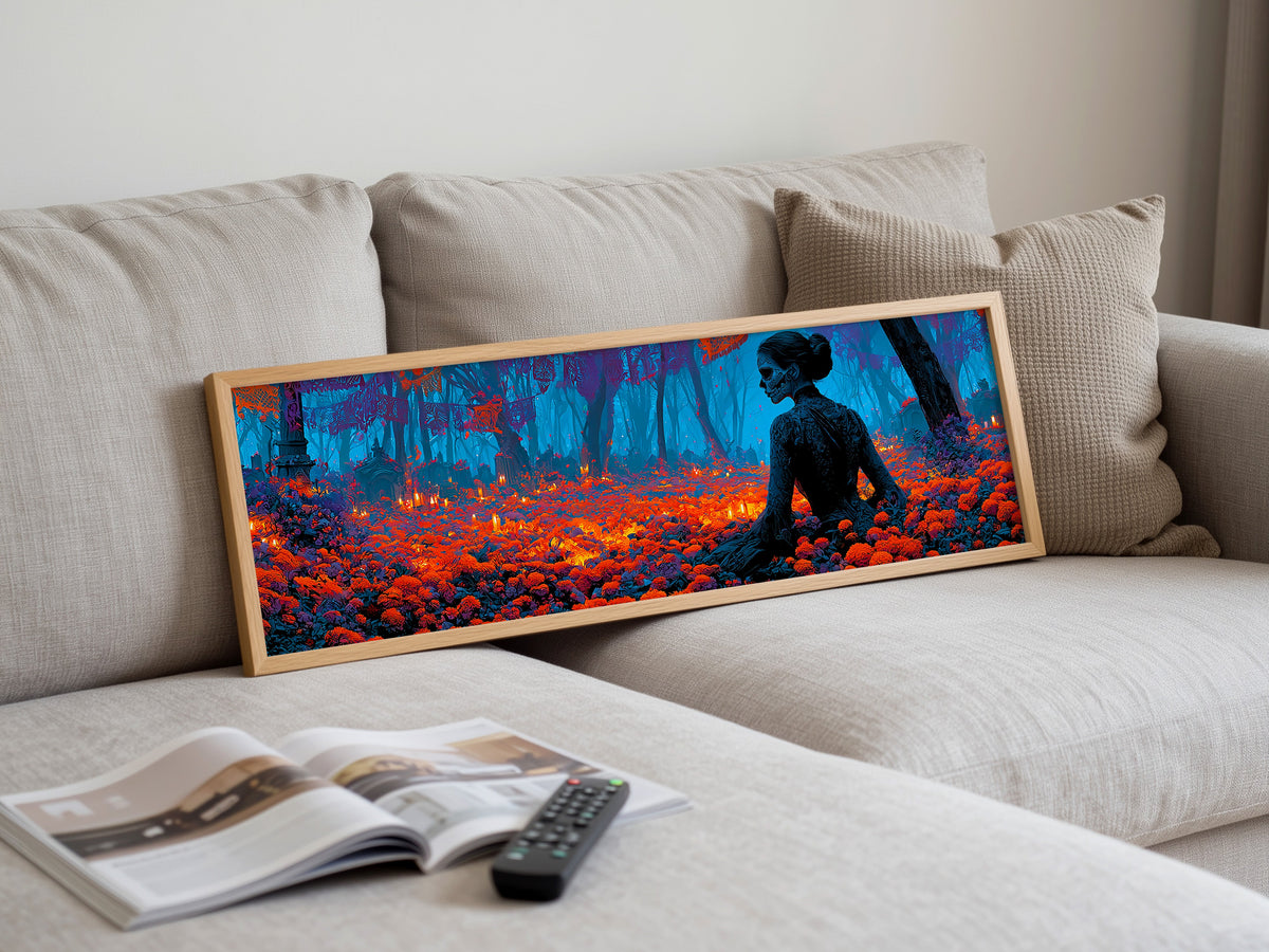 Sugar Skull Woman Marigold Forest Panoramic Canvas Print, Day of the Dead Blue Orange Wall Art, Macabre Room Decor