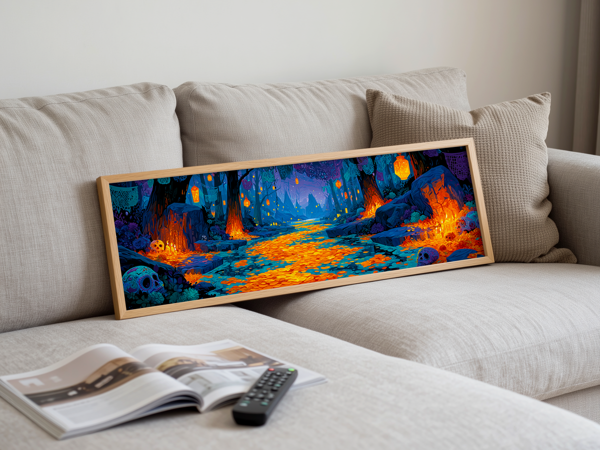 Dia de los Muertos Panoramic Canvas Print, Mystical Blue & Orange Forest Wall Decor