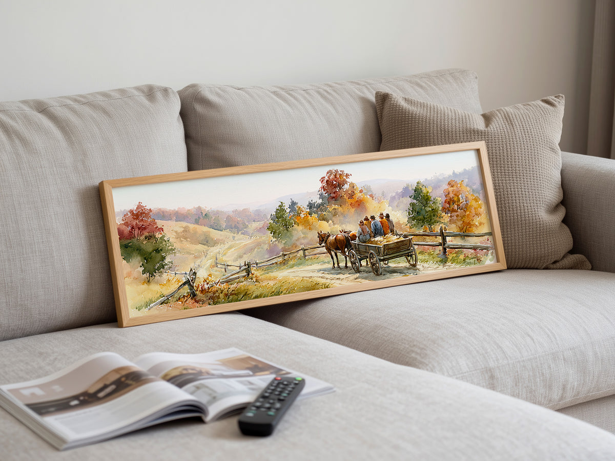 Autumn Watercolor Horse Drawn Wagon Panoramic Canvas Print, Rustic Country Road Lane Wall Art, Vintage Fall Scene, Countryside Decor