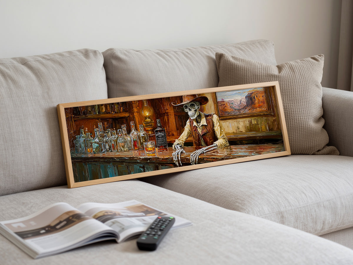 Cowboy Skeleton Saloon Bar Panoramic Canvas Print, Western Skull Whiskey Wall Art, Extra Large Rustic Man Cave Decor