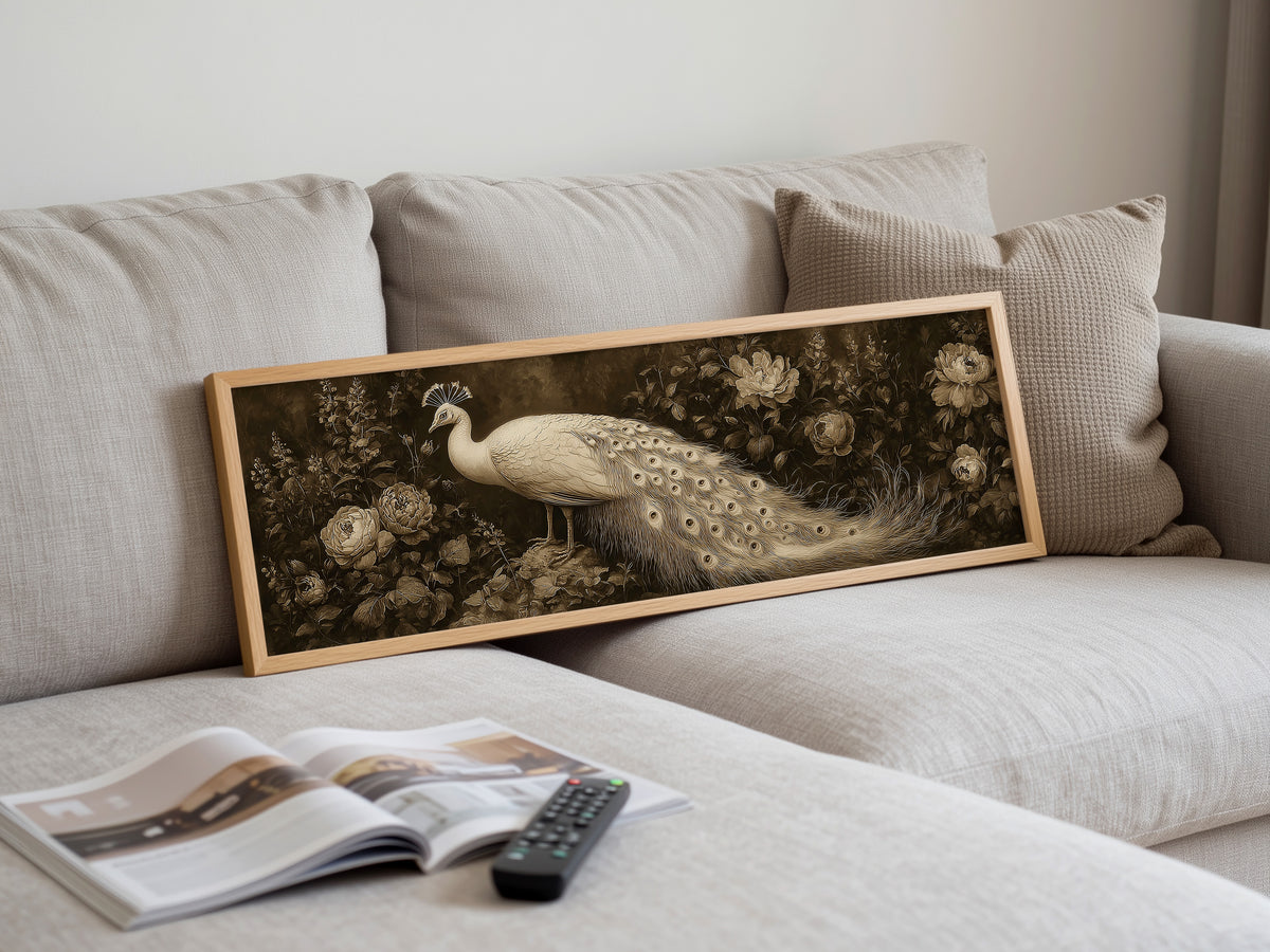 White Peacock Botanical Panoramic Canvas Print, Vintage Sepia Floral Bird Wall Art