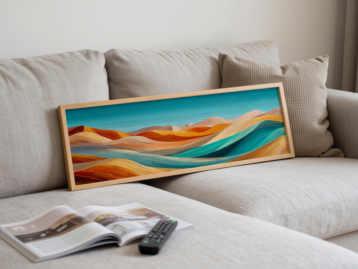 Abstract Desert Dunes Teal Orange Panoramic Canvas Print, Wavy Desert Landscape Wall Art, Boho Mid Century Living Room Decor