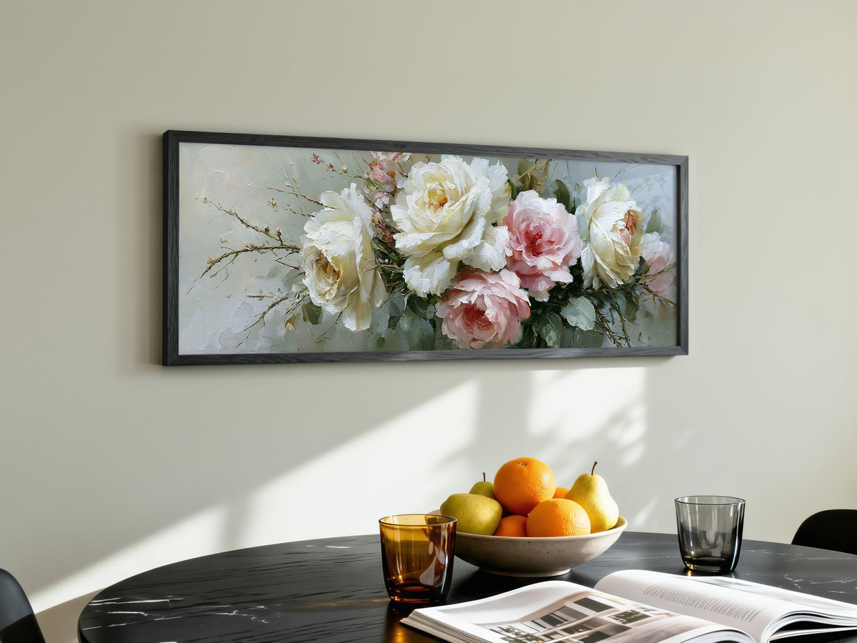 Elegant Peony Rose Bouquet Panoramic Canvas Print, Soft Pink White Floral Wall Art, Romantic Elegant Home Decor
