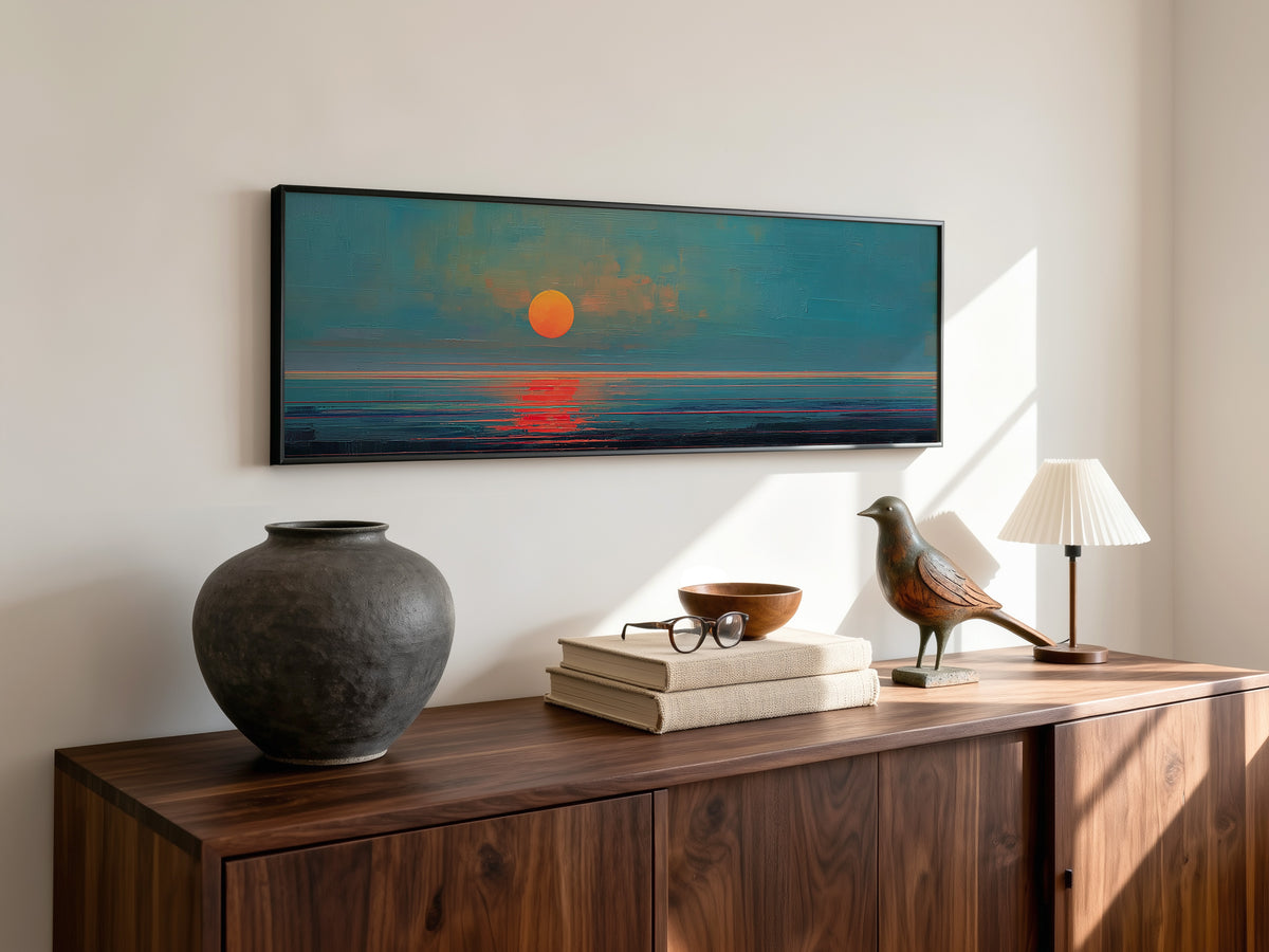 Modern Sunset Panoramic Canvas Print, Minimalist Coastal Wall Decor for Living Room