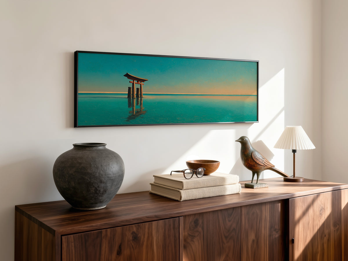 Japanese Torii Gate Ocean Sunset Panoramic Canvas Print, Minimalist Teal Blue Wall Art, Extra Large Zen Living Room Decor
