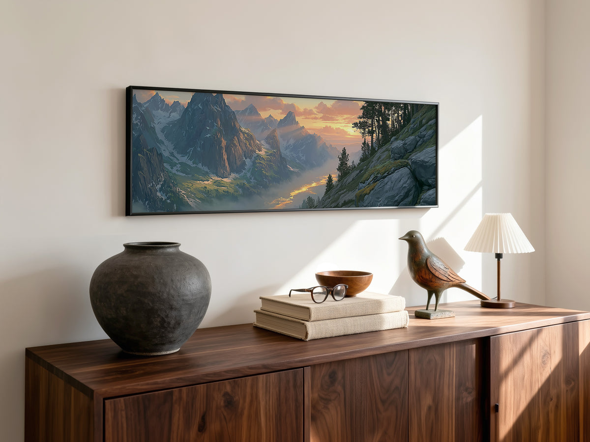 Alpine Mountain Valley Sunset Panoramic Canvas Print, Snow Peak Pine Forest Wall Art, Majestic Wilderness Winter Decor