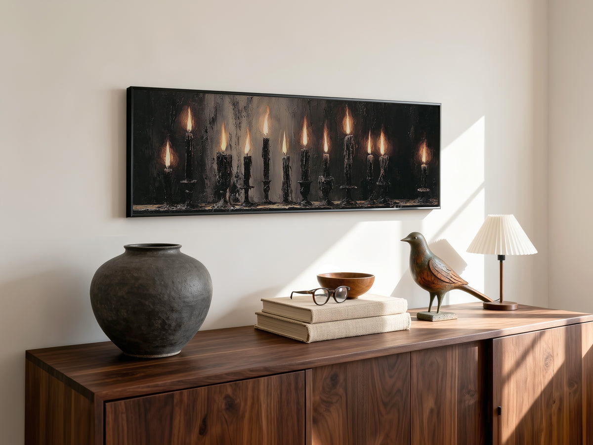 Gothic Dark Academia Moody Flame Panoramic Canvas Print, Burning Black Candles Wall Art