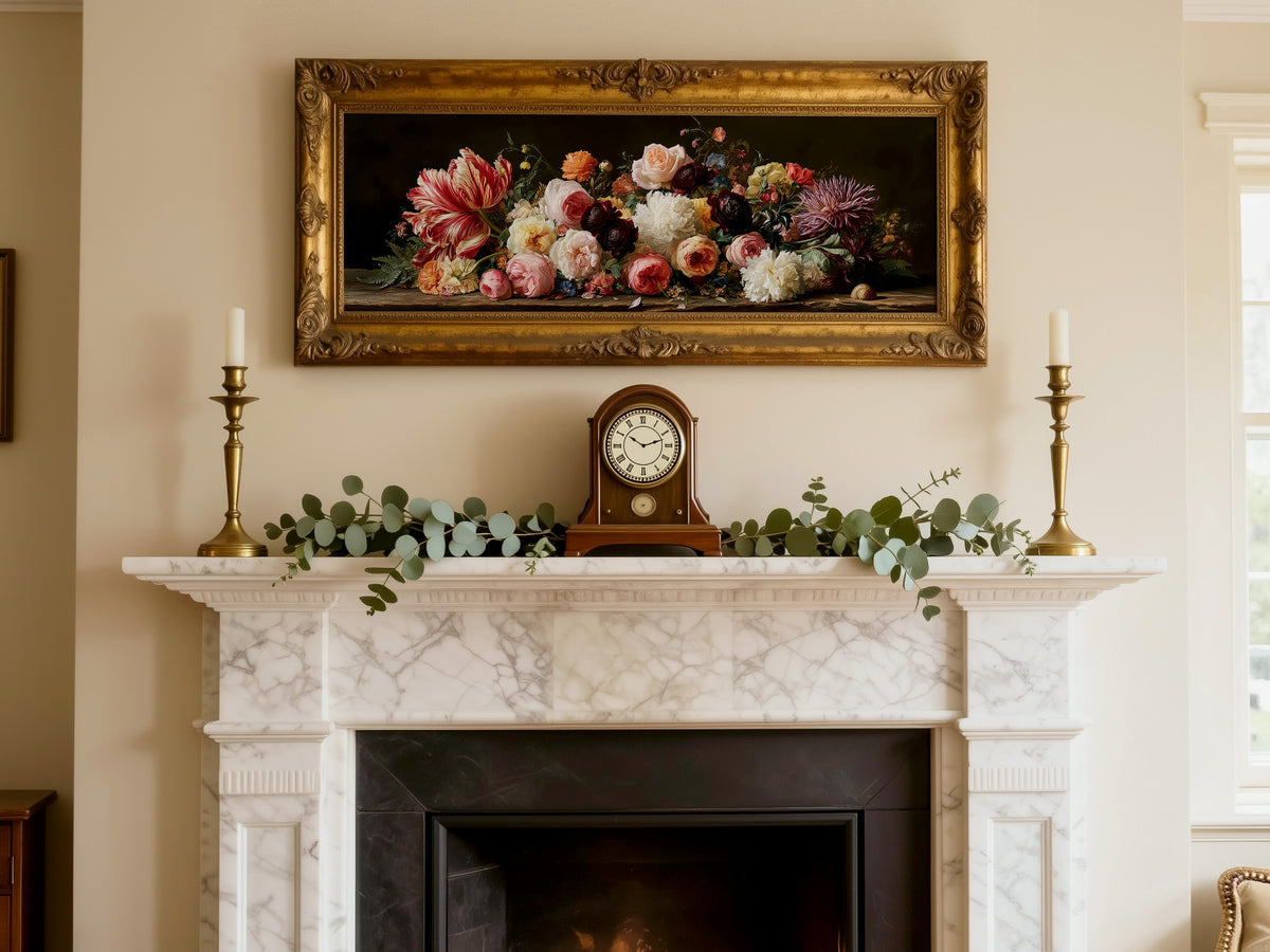 Dutch Golden Age Floral Still Life Panoramic Canvas Print, Vintage Botanical Flowers Wall Art, Dark Academia Living Room Decor