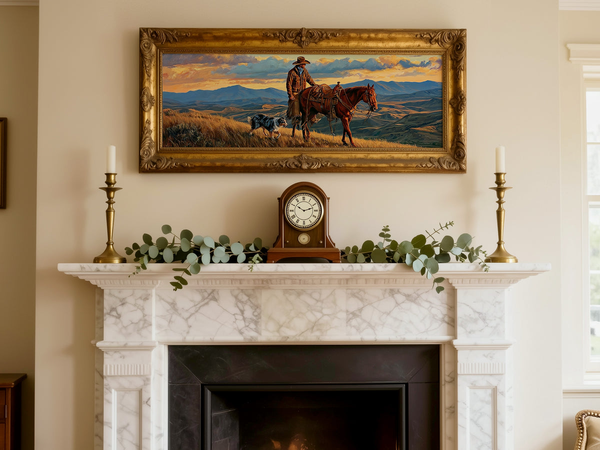 Western Cowboy Horse Dog Sunset Panoramic Canvas Print, Mountain Ranch Panoramic Wall Art, Rustic Country Ranch Decor