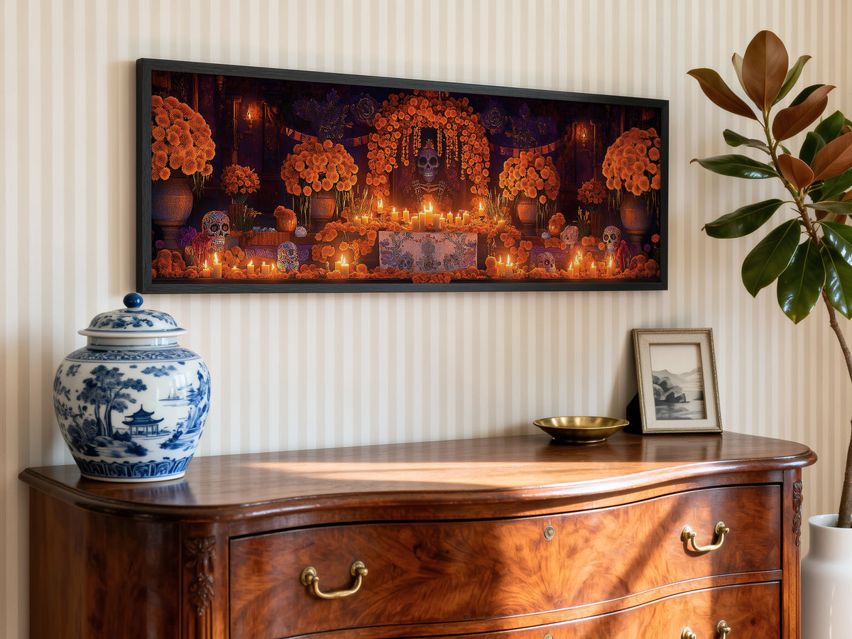 Day of the Dead Altar Panoramic Canvas Print, Dia de los Muertos Wall Art, Mexican Ofrenda Decor