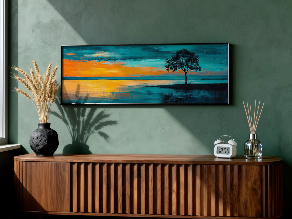 Dramatic Lone Tree Teal Orange Sky Panoramic Canvas Print, Abstract Sunset Landscape Wall Art, Silhouette Oversized Horizon Art Decor
