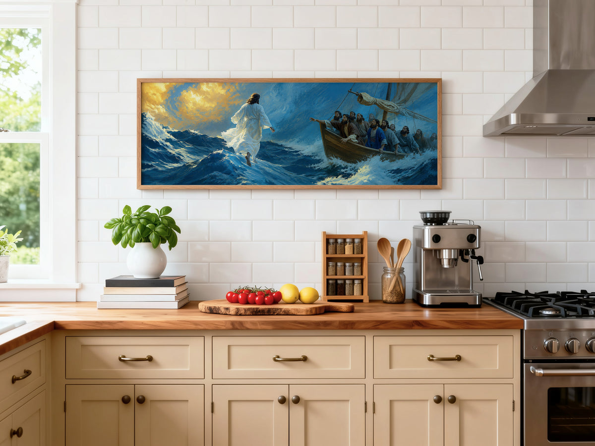 Jesus Walking on Water Stormy Sea Panoramic Canvas Print, Biblical Miracle Disciples Boat Wall Art, Extra Large Christian Decor