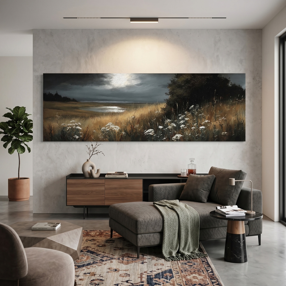 Moonlit Marsh Dark Moody Landscape Panoramic Canvas Print, Wildflower Field at Night Wall Art