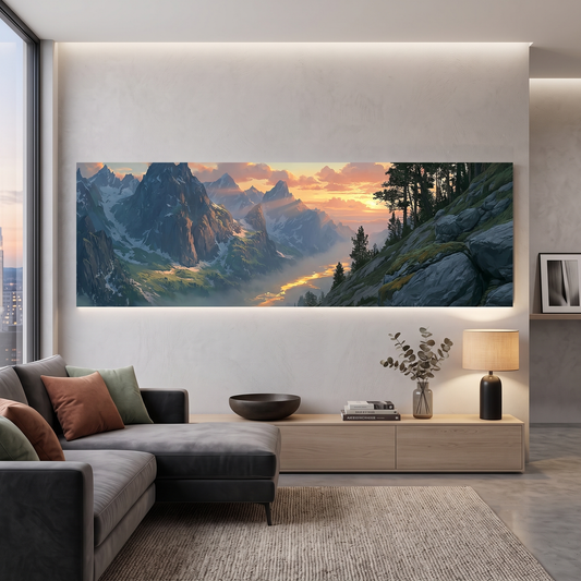 Alpine Mountain Valley Sunset Panoramic Canvas Print, Snow Peak Pine Forest Wall Art, Majestic Wilderness Winter Decor