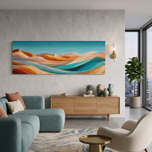 Abstract Desert Dunes Teal Orange Panoramic Canvas Print, Wavy Desert Landscape Wall Art, Boho Mid Century Living Room Decor
