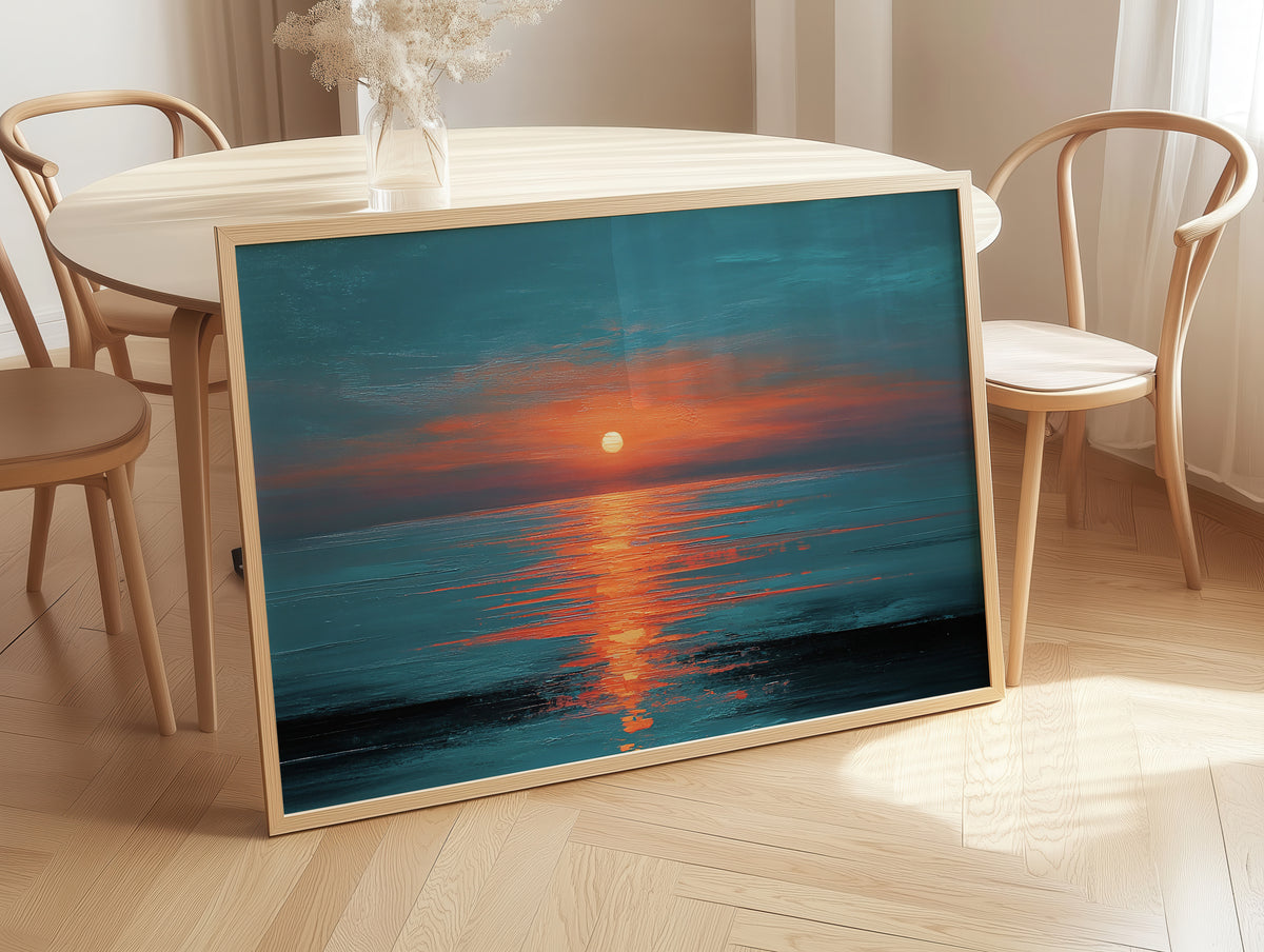 Dramatic Ocean Sunset Teal Orange Canvas Print, Glowing Sun Reflection Seascape Wall Art, Oil Painting Style, Extra Large Home Office Decor