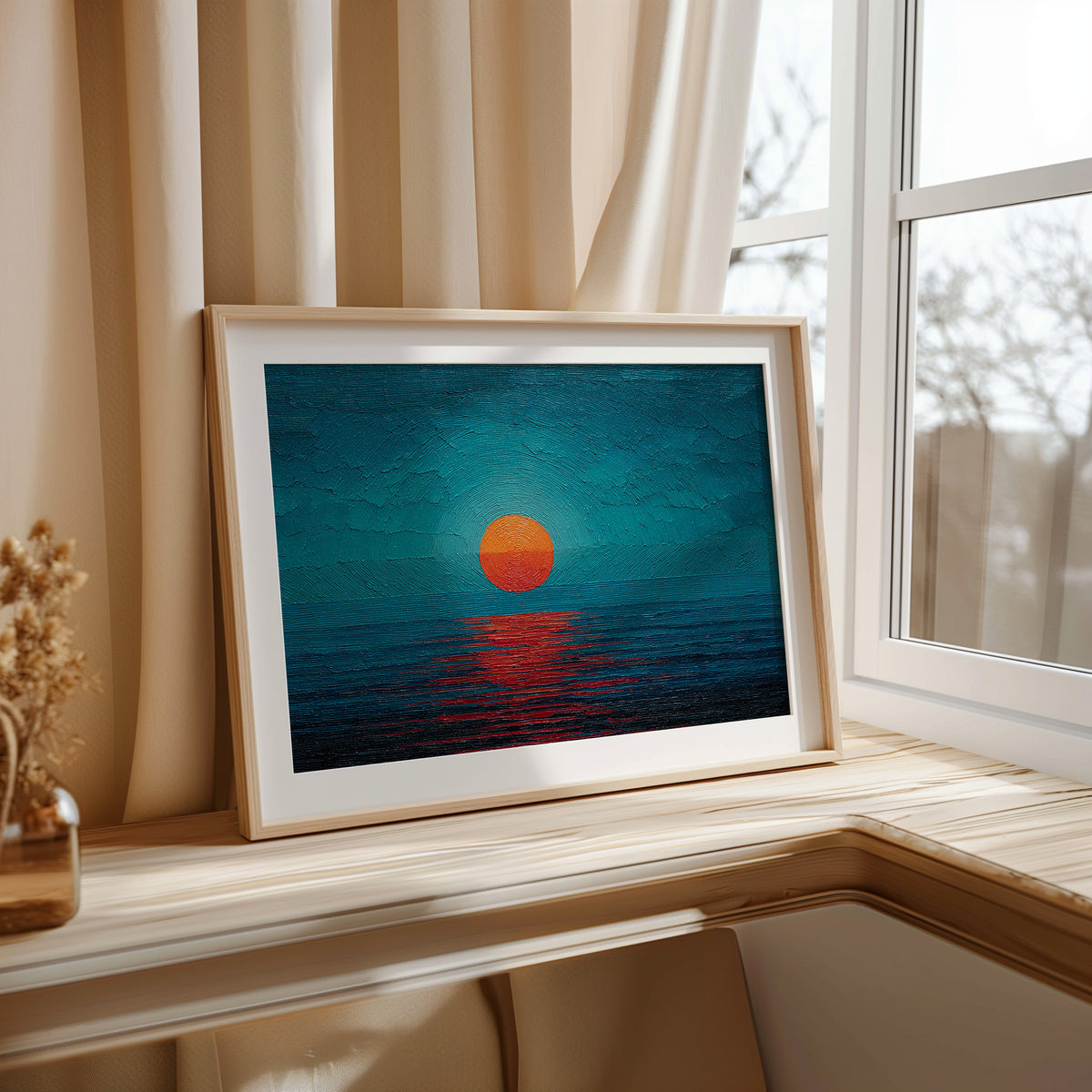 Minimalist Teal Orange Sun Seascape Canvas Print, Abstract Impasto Ocean Sunset Wall Art, Entryway Wall Decor