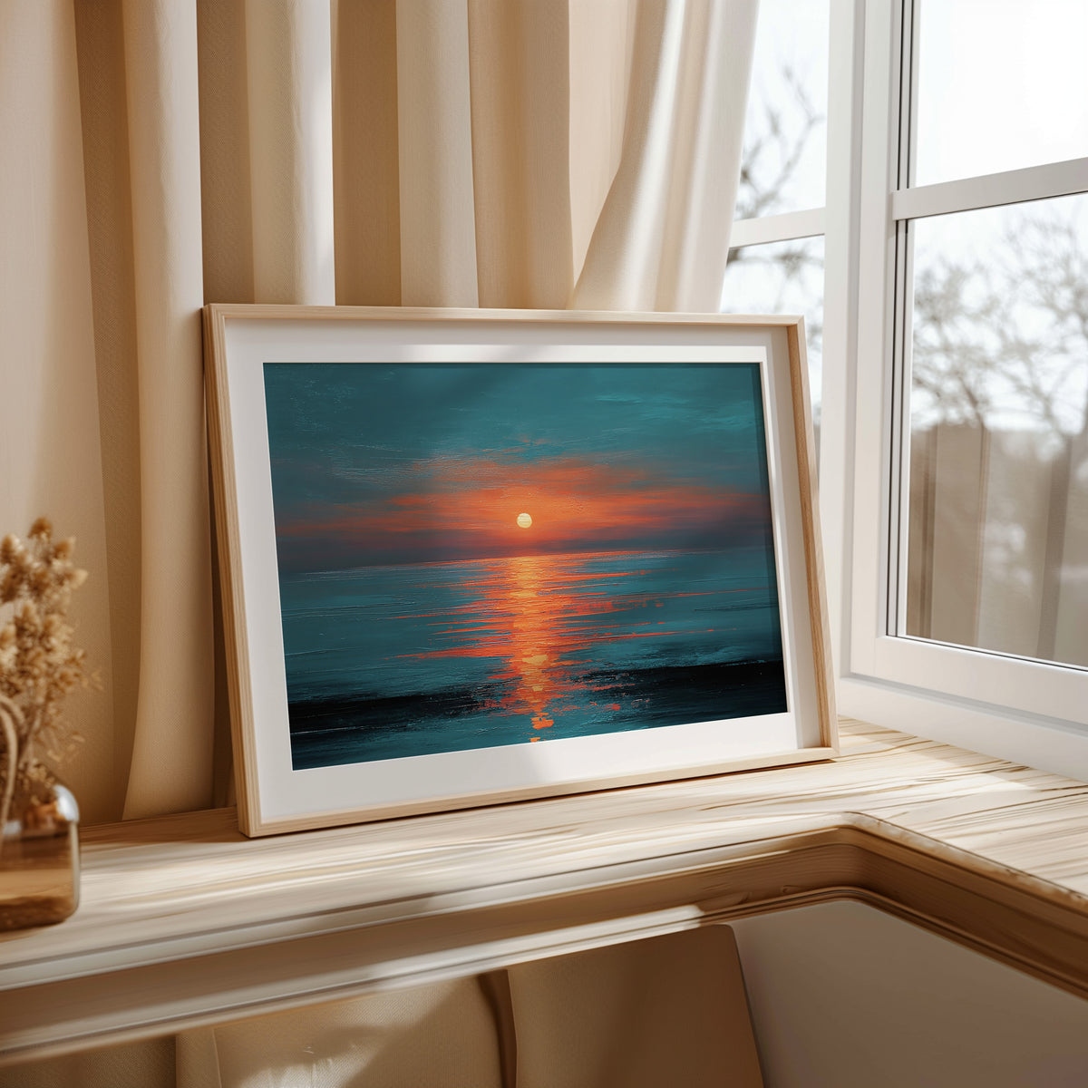 Dramatic Ocean Sunset Teal Orange Canvas Print, Glowing Sun Reflection Seascape Wall Art, Oil Painting Style, Extra Large Home Office Decor