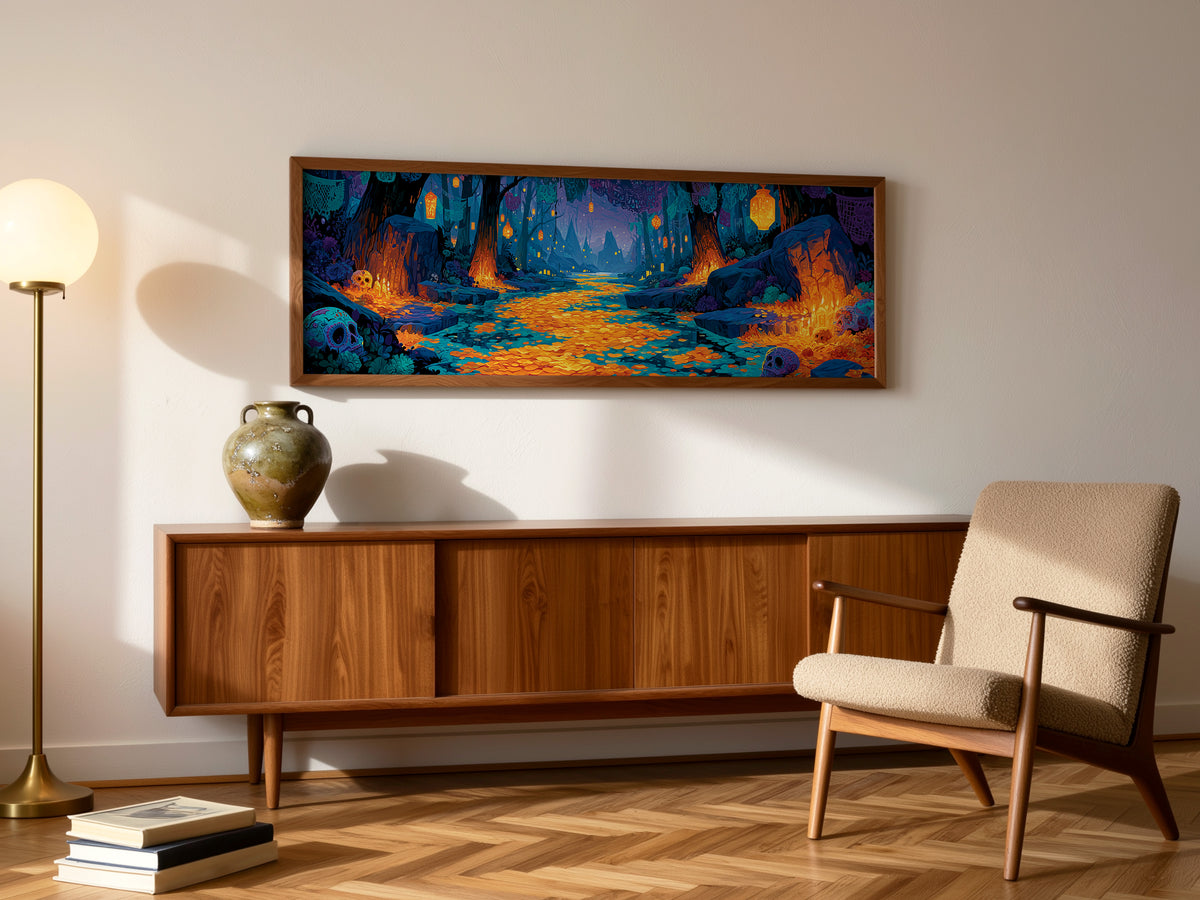 Dia de los Muertos Panoramic Canvas Print, Mystical Blue & Orange Forest Wall Decor