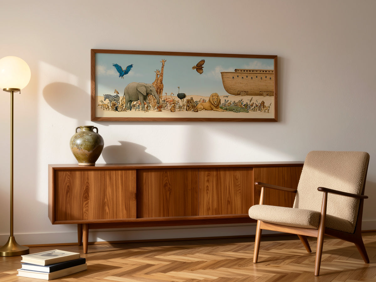 Whimsical Noah's Ark Wildlife Panoramic Canvas Print, Biblical Wildlife Wall Art, Extra Large Kids Nursery Decor