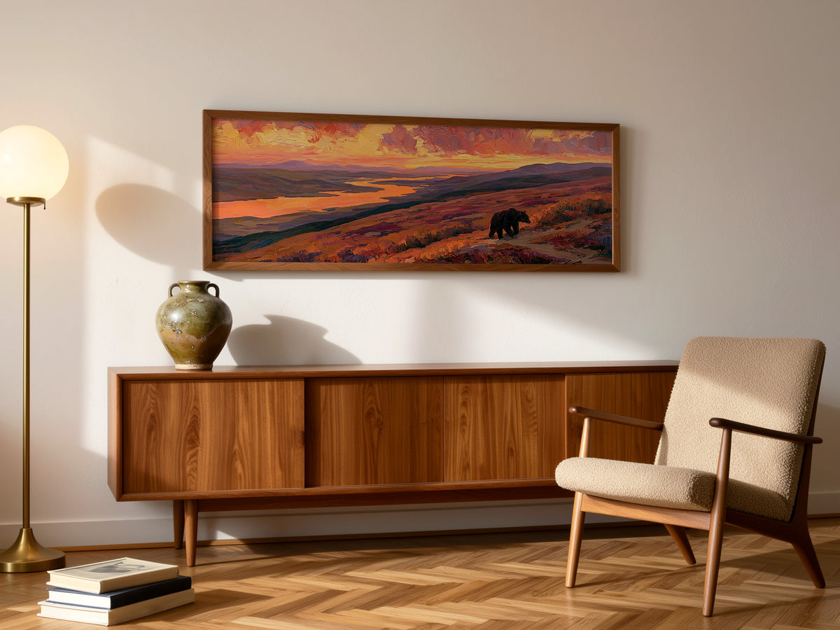 Grizzly Bear Autumn Landscape Panoramic Canvas Print, Orange Sunset Mountain Wall Art, Wildlife Rustic Home Decor