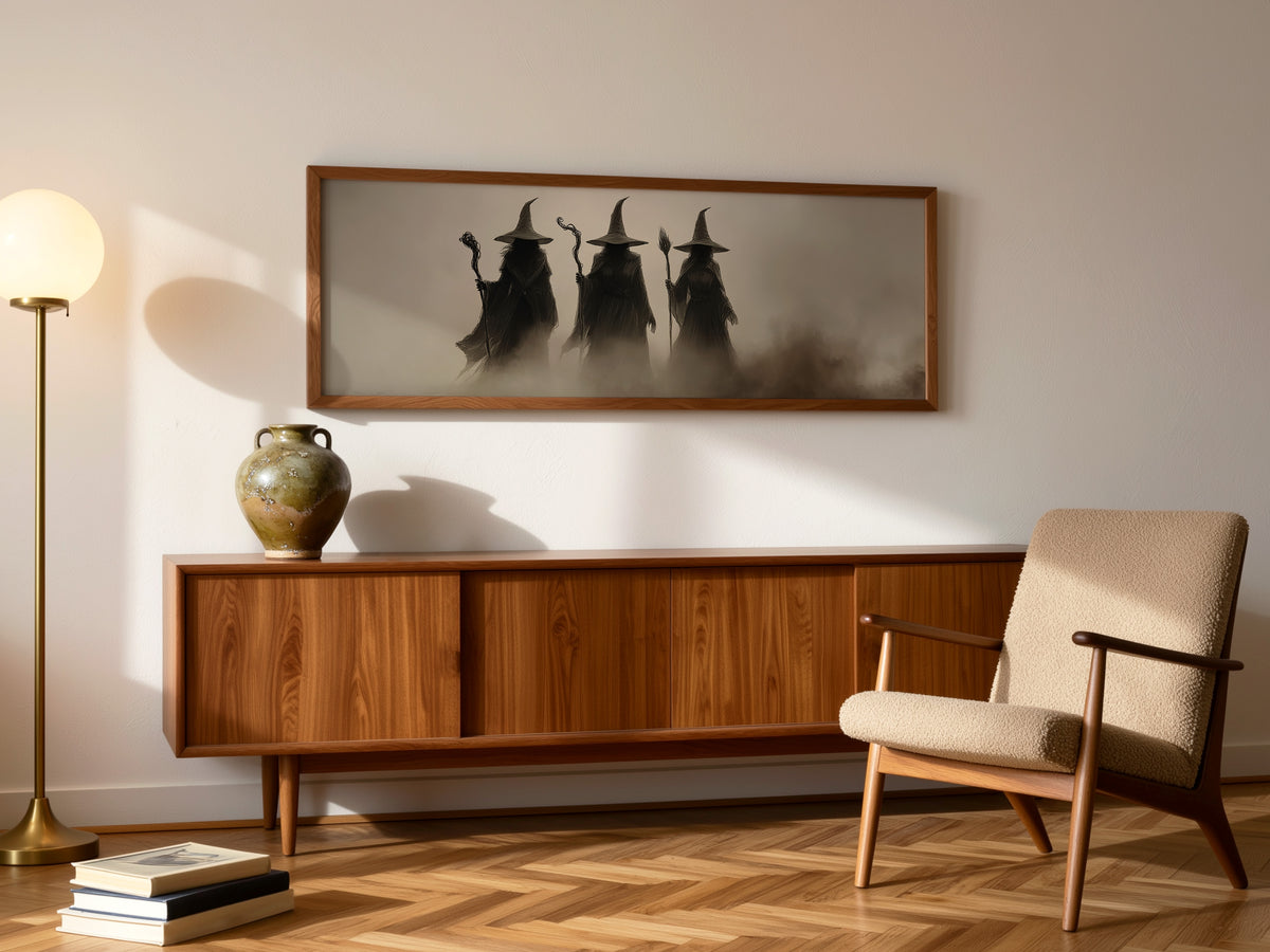 Mystic Witchy Dark Academia Panoramic Canvas Print, Three Coven Fantasy Wall Art