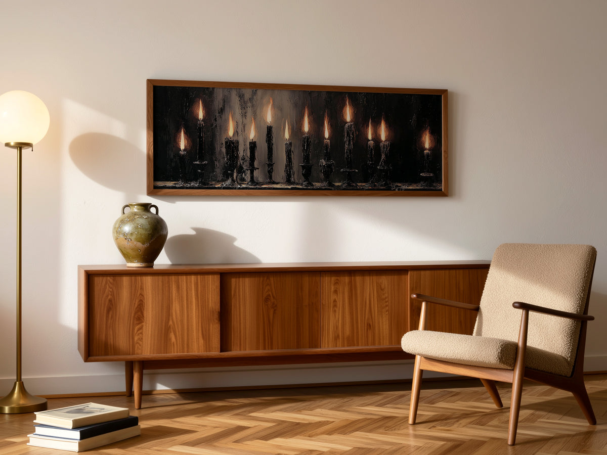 Gothic Dark Academia Moody Flame Panoramic Canvas Print, Burning Black Candles Wall Art