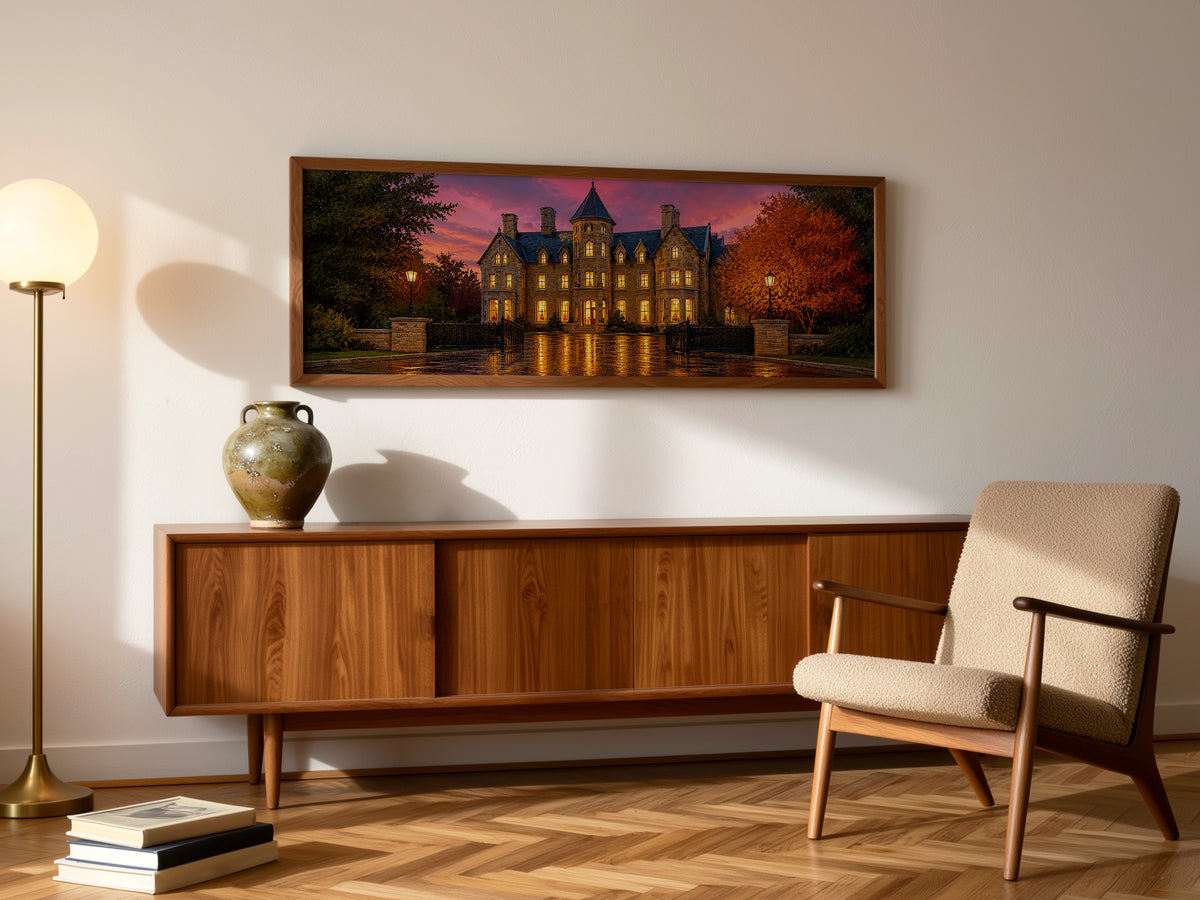 Haunted Mansion Autumn Night Panoramic Canvas Print, Victorian Gothic Castle Wall Art, Dark Academia Moody Pink Sky Decor