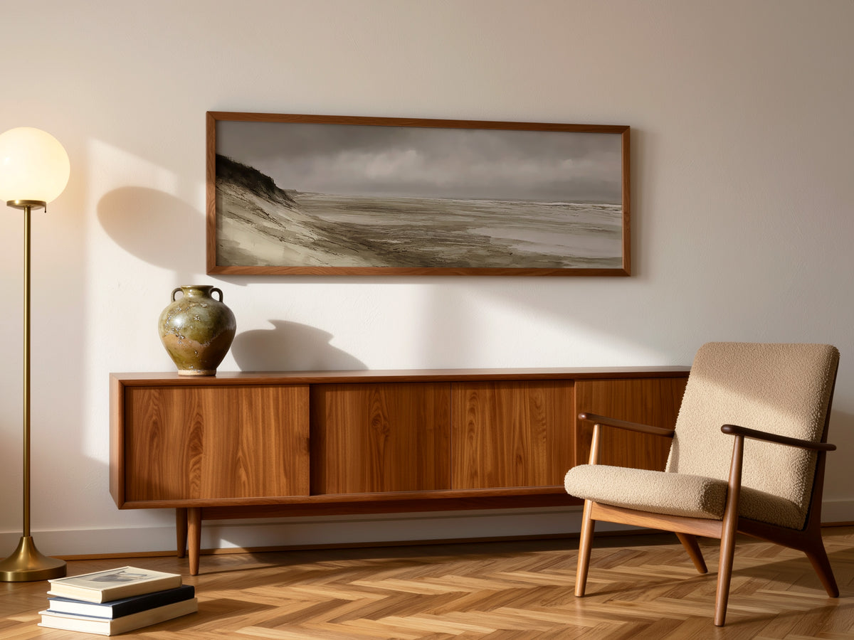 Moody Coastal Beach Panoramic Canvas Print, Gray Stormy Seascape Wall Art