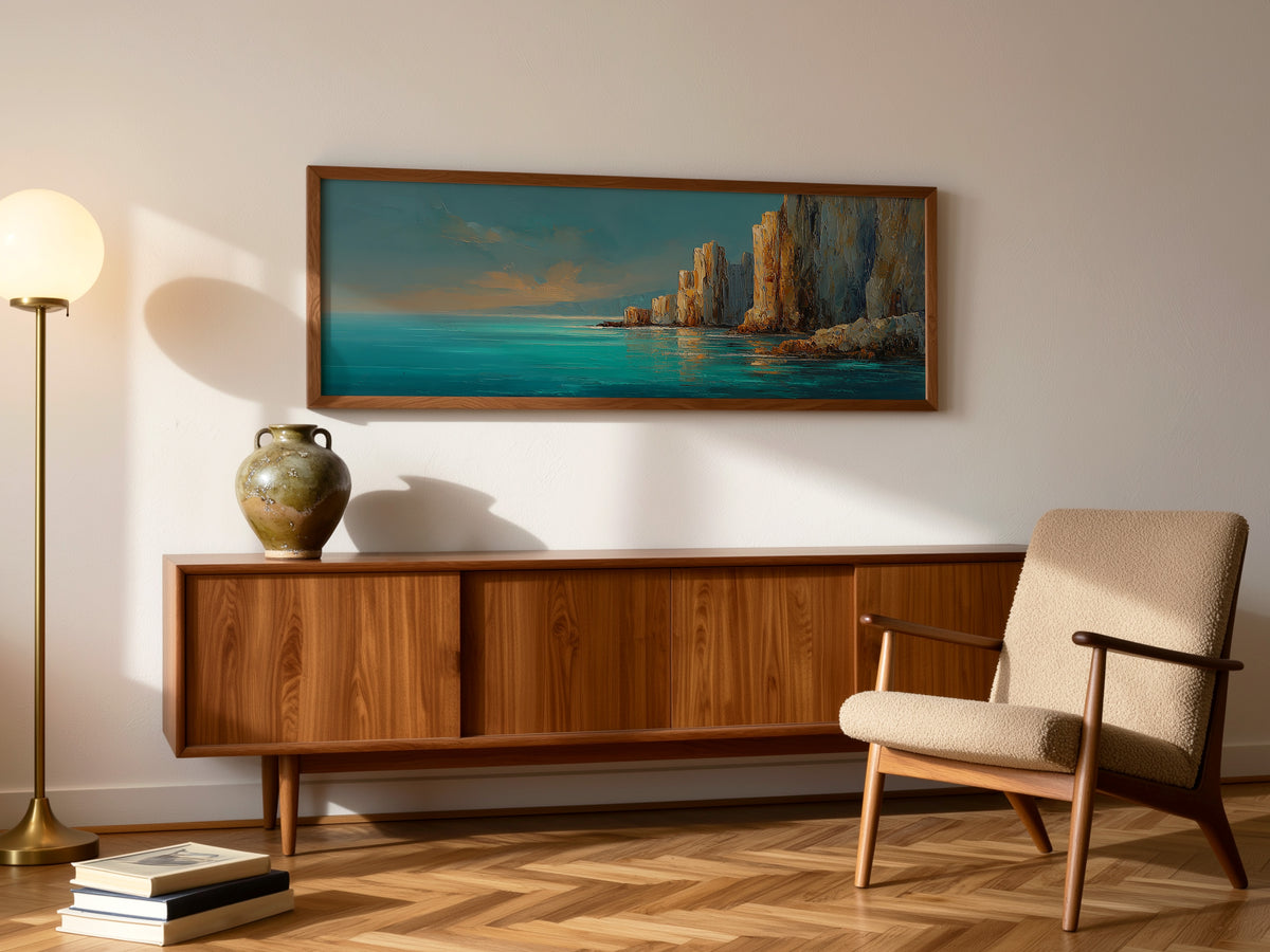 Mediterranean Turquoise Ocean Cliff Panoramic Canvas Print, Teal Gold Coastal Seascape Wall Art, Golden Rock Coastal Decor