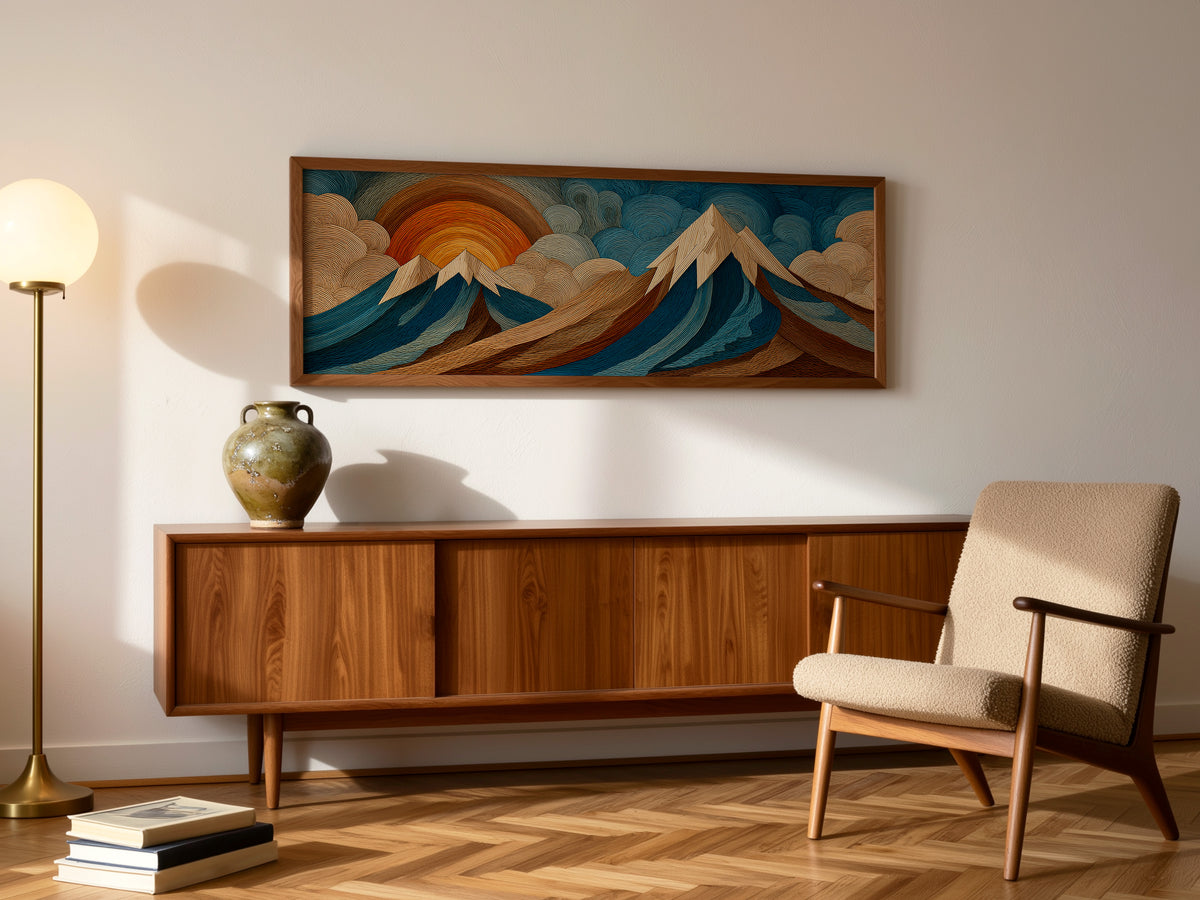 Boho Layered Mountain and Sunrise Panoramic Canvas Print, Wood Engraving Style Teal Orange Wall Art, Modern Above Sofa Art Decor