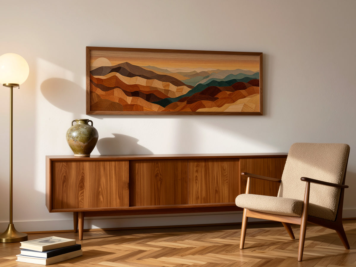 Wood Mosaic Desert Mountain Landscape Panoramic Canvas Print, Earthy Terracotta Teal Geometric Desert Wall Art, Over Bed Room Decor
