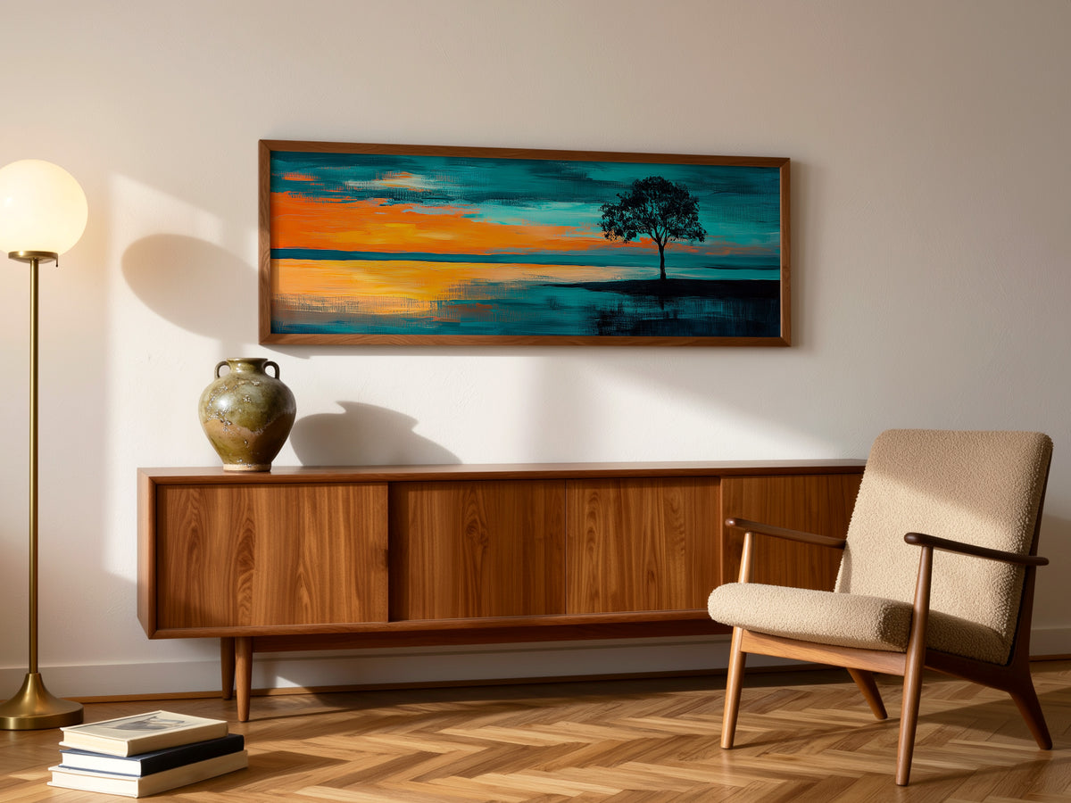 Dramatic Lone Tree Teal Orange Sky Panoramic Canvas Print, Abstract Sunset Landscape Wall Art, Silhouette Oversized Horizon Art Decor