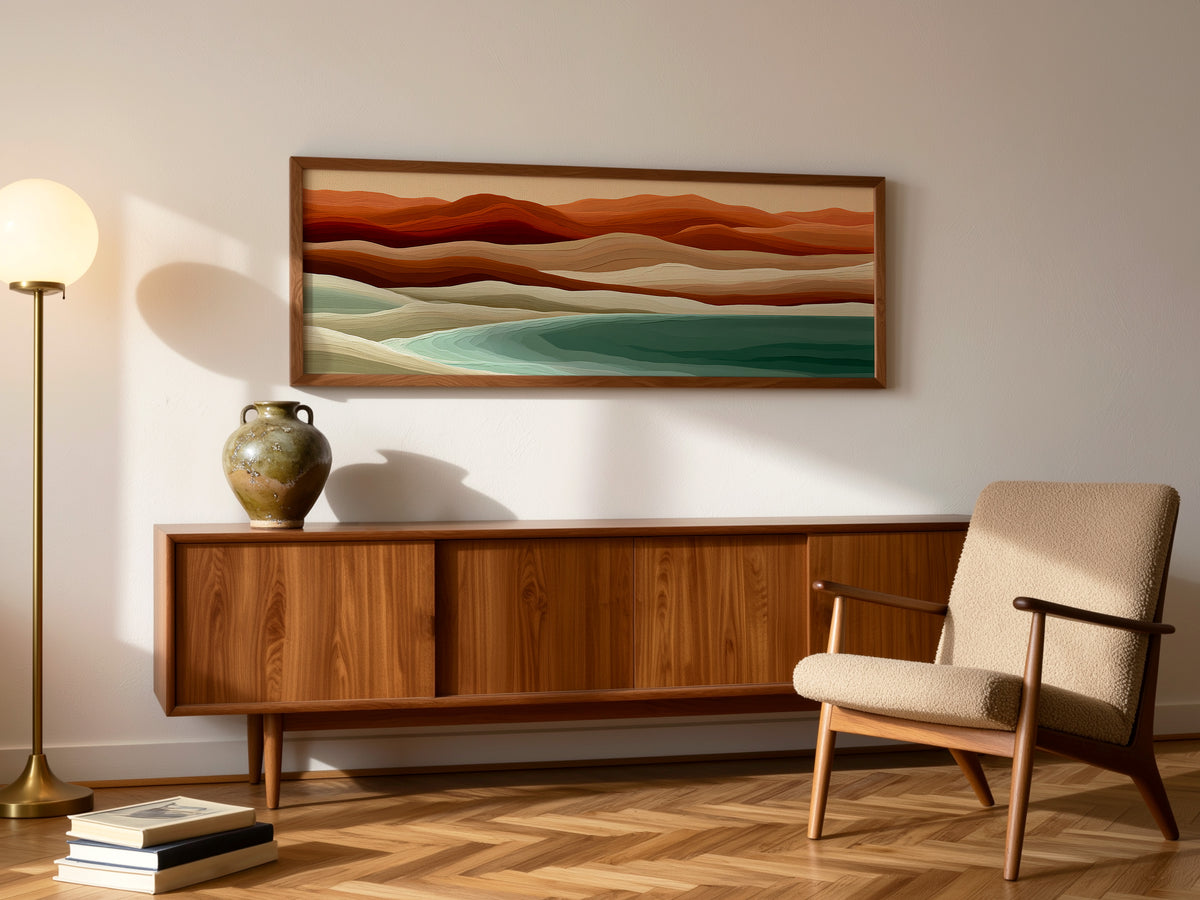 Terracotta Teal Abstract Landscape Panoramic Canvas Print, Earthy Wave Wall Art, Mid Century Minimalist Decor