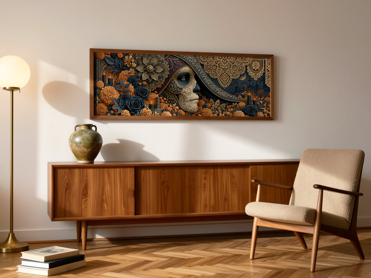 Gold Navy Sugar Skull Woman Marigold Panoramic Canvas Print, Luxury Day of the Dead Lace Wall Art, Gothic Floral Decor