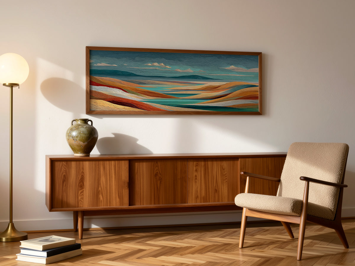Colorful Abstract Rolling Hills Panoramic Canvas Print, Teal Orange Terracotta Landscape Wall Art, Horizontal Over The Sofa Art