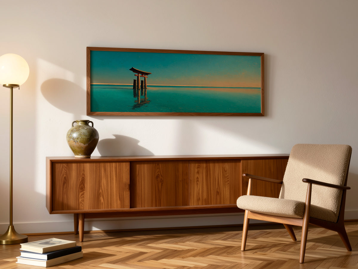 Japanese Torii Gate Ocean Sunset Panoramic Canvas Print, Minimalist Teal Blue Wall Art, Extra Large Zen Living Room Decor