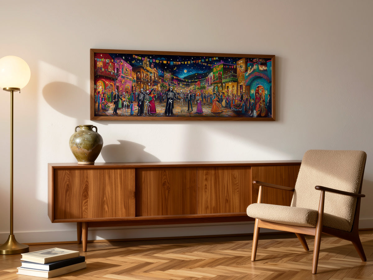 Day of the Dead Night Festival Panoramic Canvas Print, Dia de los Muertos Village Street Party Wall Art