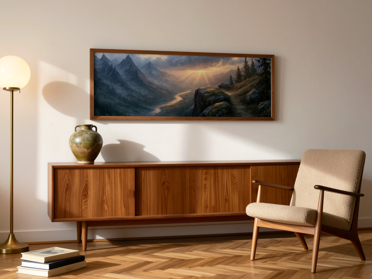 Alpine Mountain Valley Sunrise Panoramic Canvas Print, Golden Light Ray Landscape Wall Art, Rustic Living Room Canvas Decor