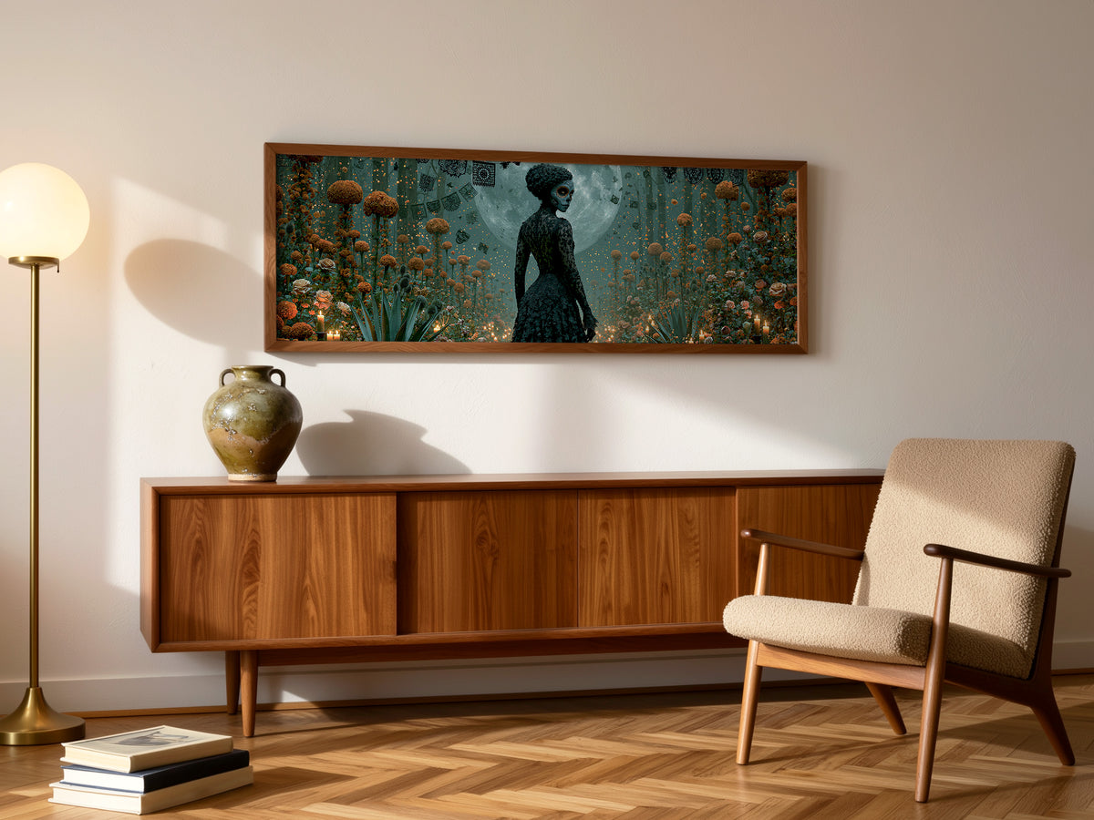 Day of the Dead Woman Moonlight Panoramic Canvas Print, Dia de Muertos Wall Art, Mexican Folk Art Decor