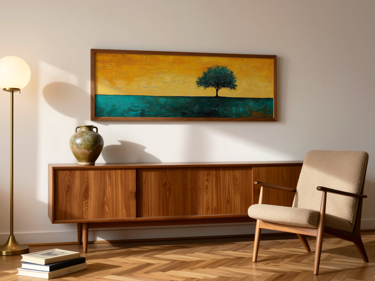 Minimalist Lone Tree Abstract Landscape Panoramic Canvas Print, Teal Yellow Gold Modern Nature Home Wall Art, Contemporary Decor